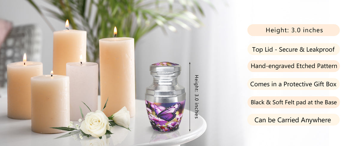 Purple Floral Urn for Ashes – Butterfly Large Adult & Tiny Keepsake for Human Ashes | MEILINXU — A Meaningful Memorial for Home or Niche