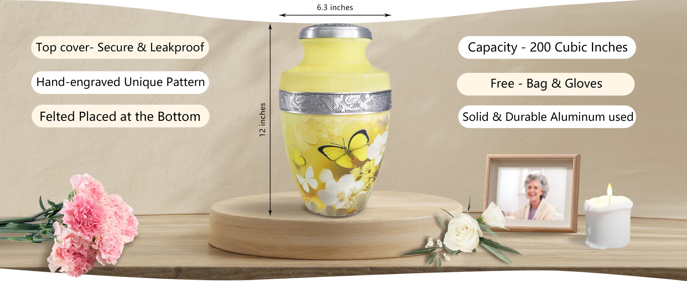 Yellow Urn with Butterflies & Flowers – Full Size Adult Urn and Small Keepsake Urn | MEILINXU — A Meaningful Memorial for Home or Niche