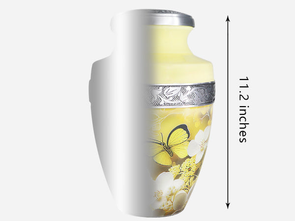 Yellow Urn with Butterflies & Flowers – Full Size Adult Urn and Small Keepsake Urn | MEILINXU — Made with Care