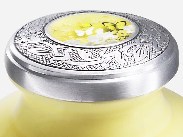 Yellow Urn with Butterflies & Flowers – Full Size Adult Urn and Small Keepsake Urn | MEILINXU — Secure and Considered Design