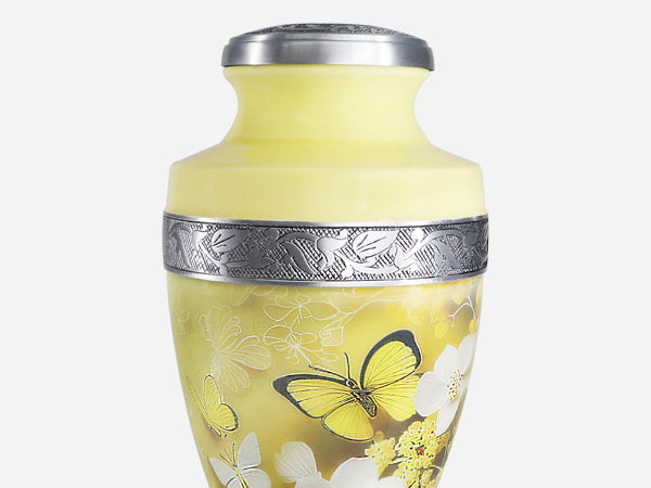 Yellow Urn with Butterflies & Flowers – Full Size Adult Urn and Small Keepsake Urn | MEILINXU — Distinctive Memorial Artwork