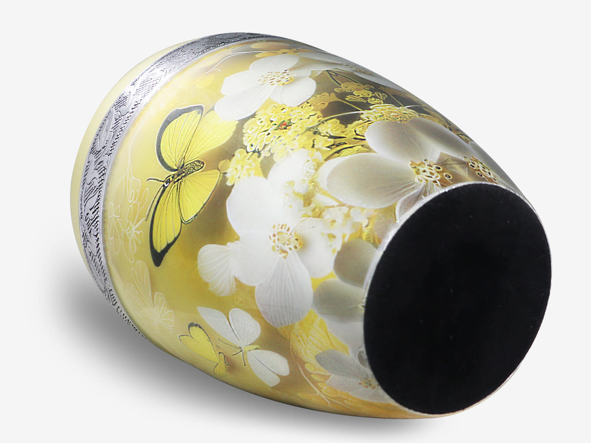 Yellow Urn with Butterflies & Flowers – Full Size Adult Urn and Small Keepsake Urn | MEILINXU — Made for Lasting Remembrance