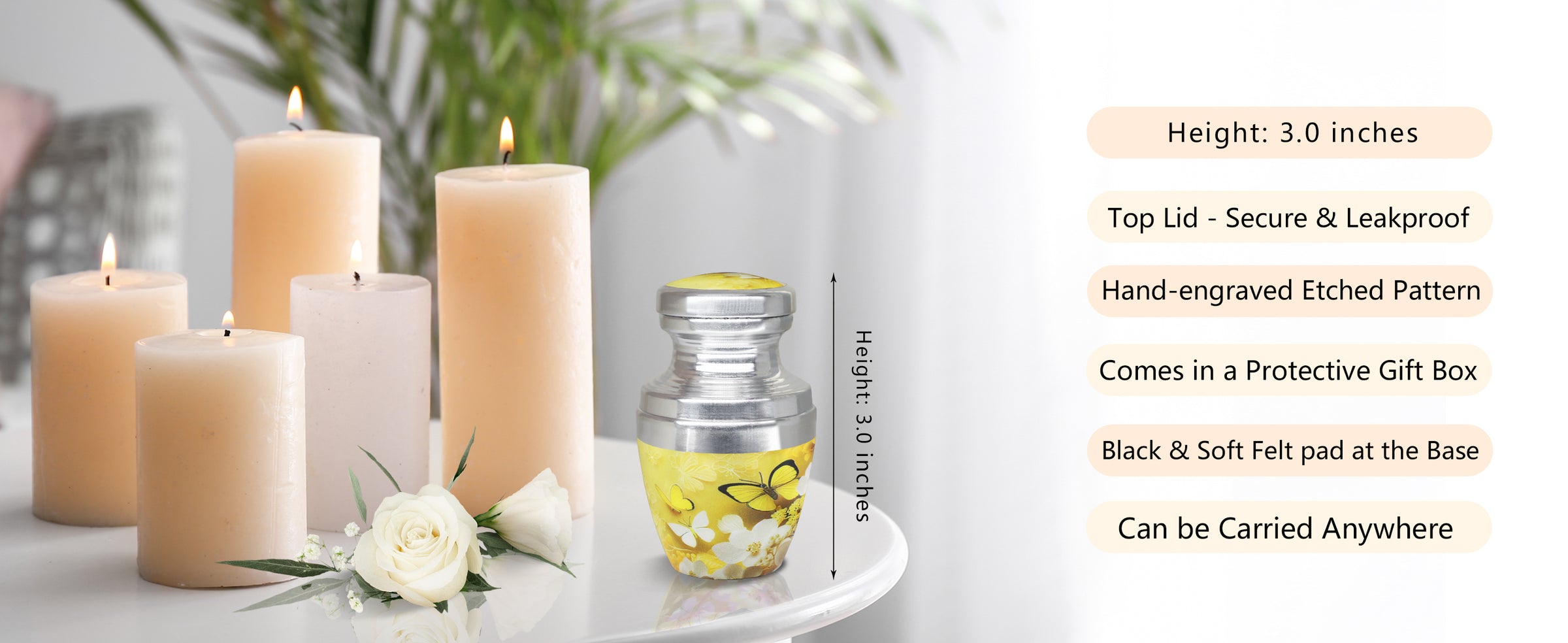 Yellow Urn with Butterflies & Flowers – Full Size Adult Urn and Small Keepsake Urn | MEILINXU — A Meaningful Memorial for Home or Niche