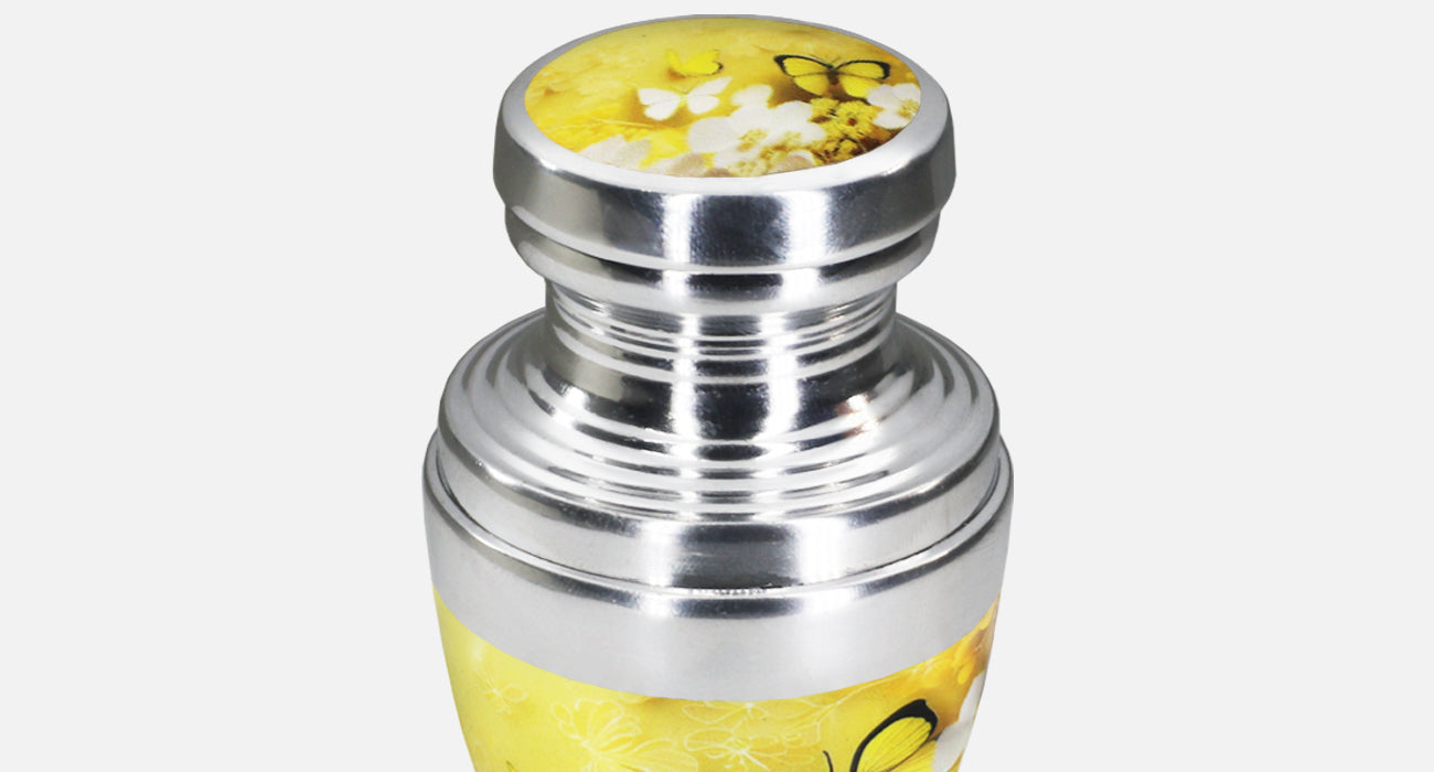 Yellow Urn with Butterflies & Flowers – Full Size Adult Urn and Small Keepsake Urn | MEILINXU — Distinctive Memorial Artwork