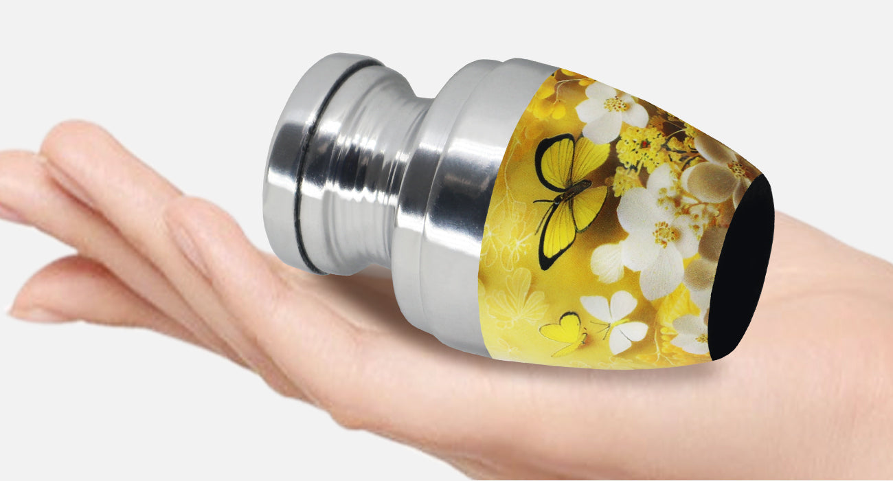 Yellow Urn with Butterflies & Flowers – Full Size Adult Urn and Small Keepsake Urn | MEILINXU — Made for Lasting Remembrance