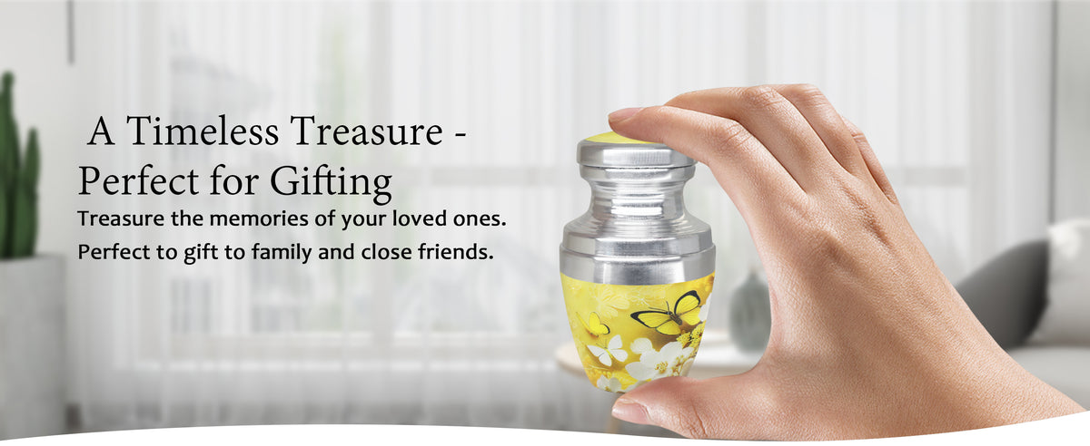 Yellow Urn with Butterflies & Flowers – Full Size Adult Urn and Small Keepsake Urn | MEILINXU — A Personal Memorial