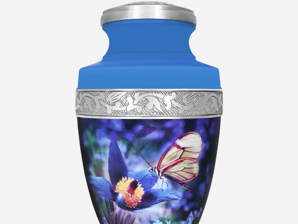 Blue Butterfly Floral Urn for Ashes – Large Adult and Mini Keepsake for Human Ashes | MEILINXU — Distinctive Memorial Artwork