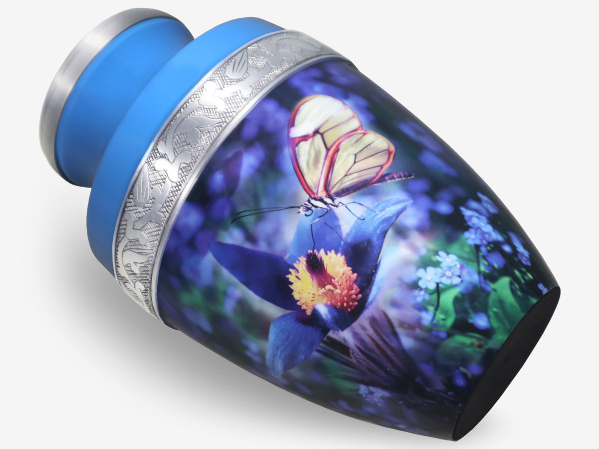 Blue Butterfly Floral Urn for Ashes – Large Adult and Mini Keepsake for Human Ashes | MEILINXU — Made for Lasting Remembrance