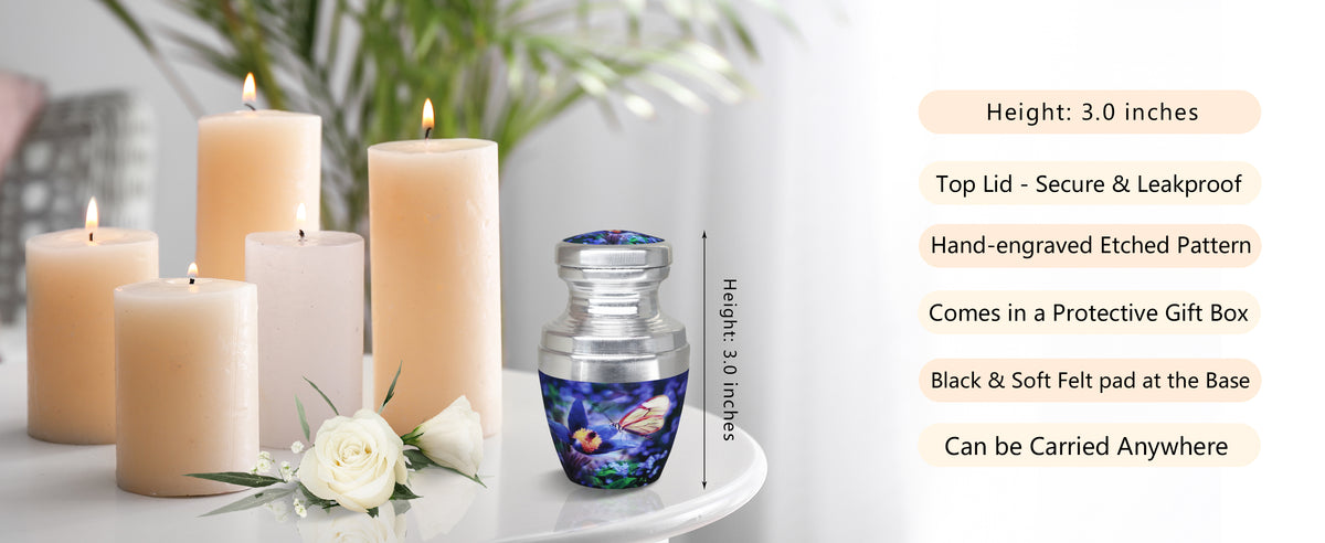 Blue Butterfly Floral Urn for Ashes – Large Adult and Mini Keepsake for Human Ashes | MEILINXU — A Meaningful Memorial for Home or Niche