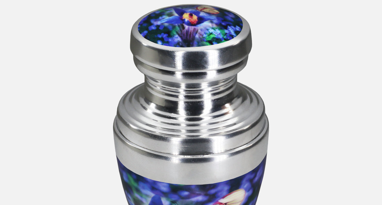 Blue Butterfly Floral Urn for Ashes – Large Adult and Mini Keepsake for Human Ashes | MEILINXU — Distinctive Memorial Artwork