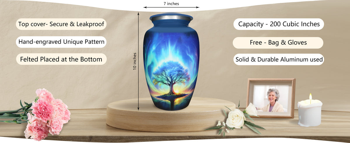 Northern Lights Urn – Blue Tree of Life Cremation Urns for Adults, Large Urn or Small Urn | MEILINXU — A Meaningful Memorial for Home or Niche