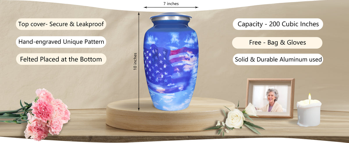 Patriotic Urns for Ashes – Blue American Flag Large Adult Cremation Urn for Human Ashes | MEILINXU — A Meaningful Memorial for Home or Niche
