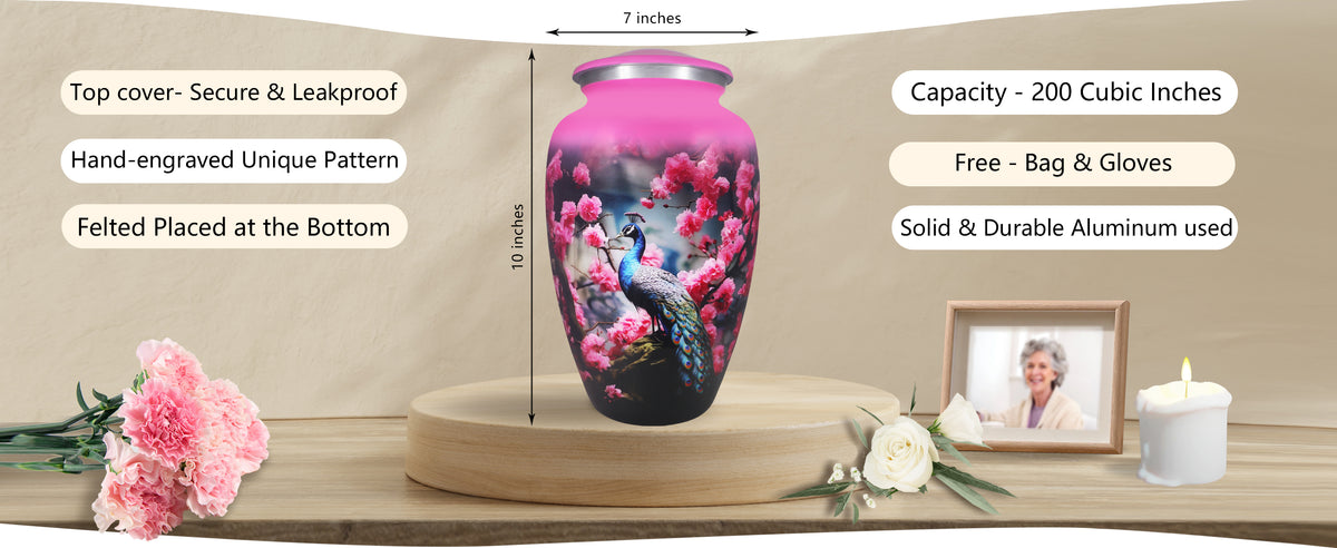 Peacock Urn for Ashes – Pink Floral Cremation Urns for Adults, Large Urn for Human Ashes | MEILINXU — A Meaningful Memorial for Home or Niche