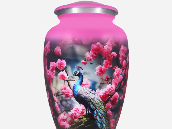 Peacock Urn for Ashes – Pink Floral Cremation Urns for Adults, Large Urn for Human Ashes | MEILINXU — Distinctive Memorial Artwork