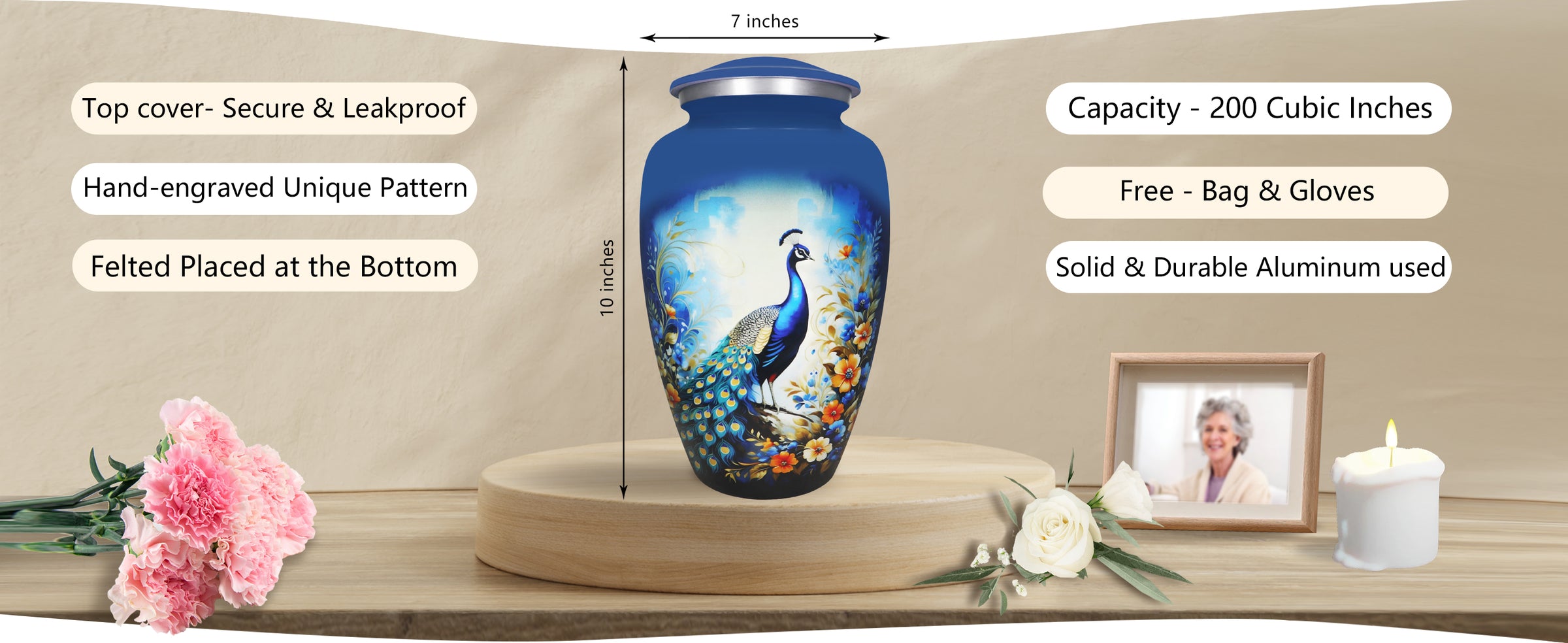 Blue Peacock Urn for Ashes – Floral Cremation Urns for Adults, Large Urn for Human Ashes | MEILINXU — A Meaningful Memorial for Home or Niche