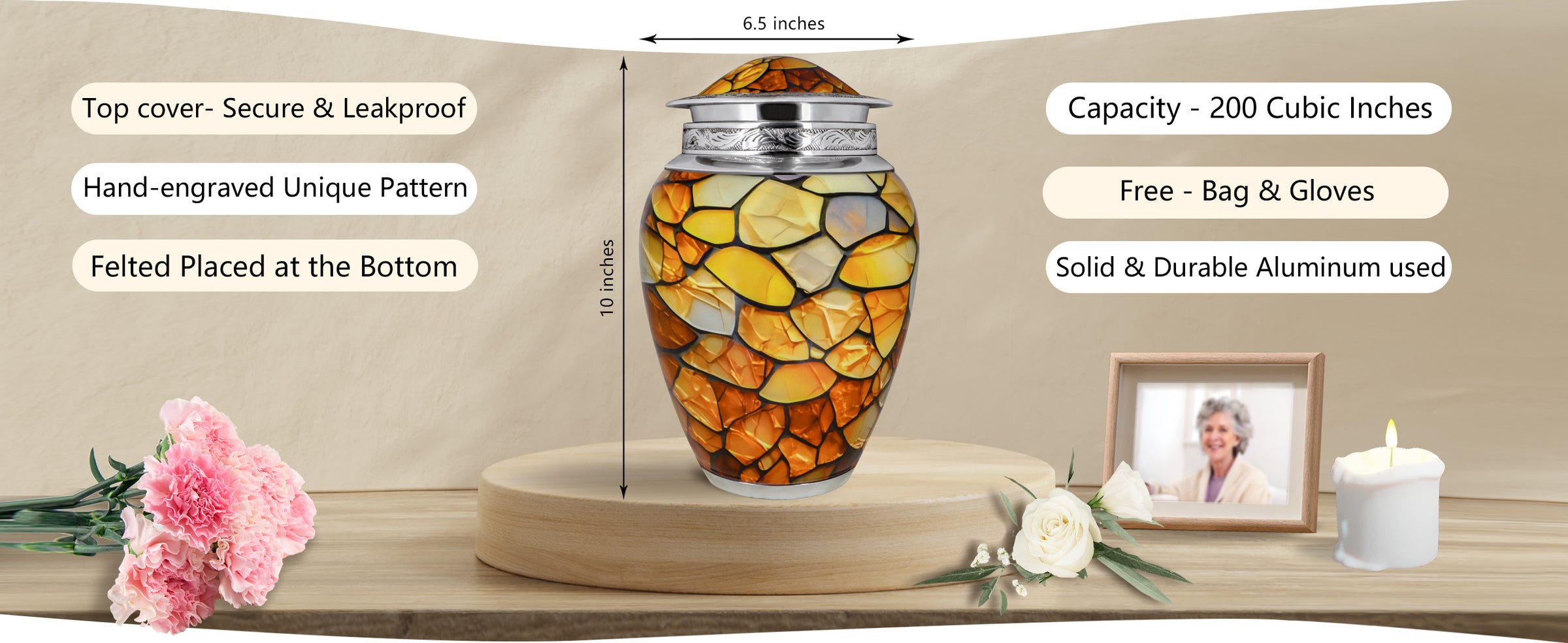 Unique Urns for Adults – Yellow Amber Gemstone Full Size Aluminum Urn for Human Ashes | MEILINXU — A Meaningful Memorial for Home or Niche