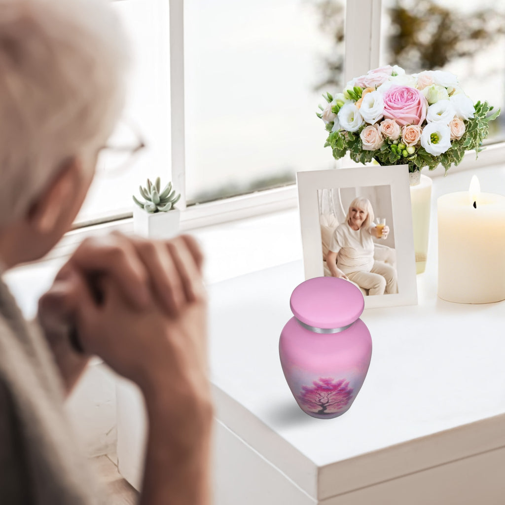 Cremation urns for human ashes featuring a pink Tree of Life, remembering a beloved wife at home