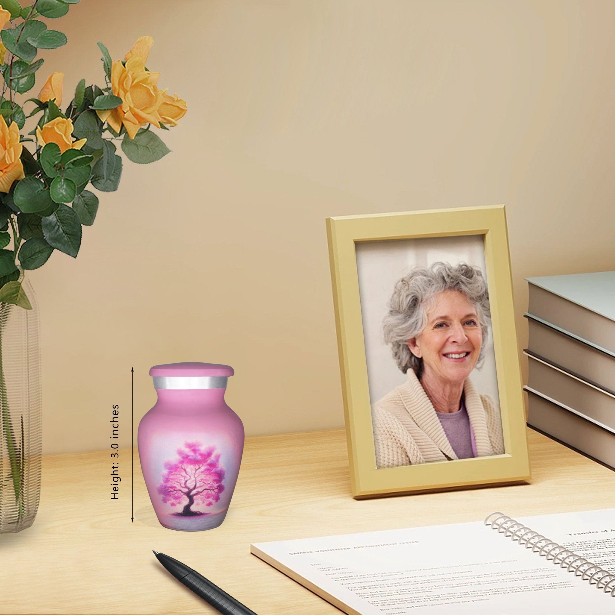 Tiny urns for ashes displayed near a family photo, urns and keepsakes for ashes honoring a cherished father