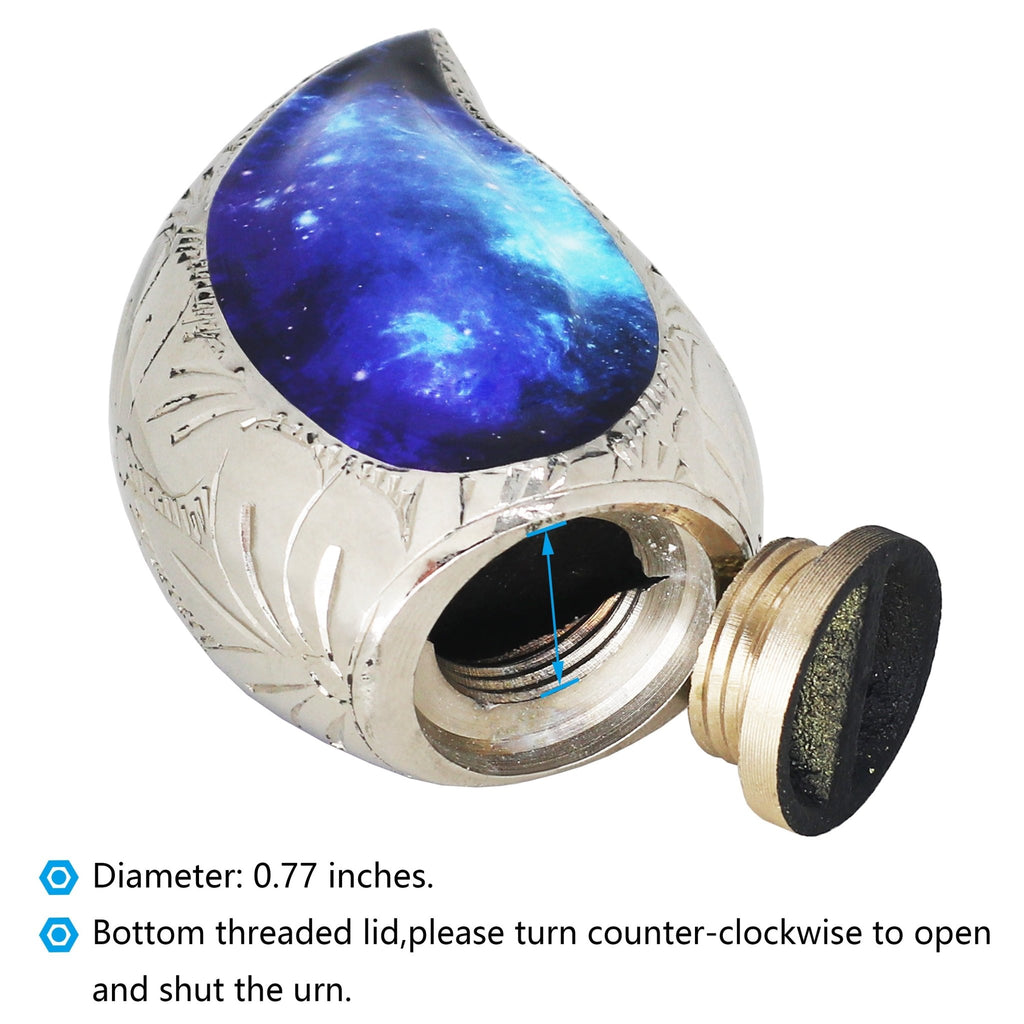 Blue teardrop brass mini ash urn with twist screw bottom lid offering secure leakproof human ash storage