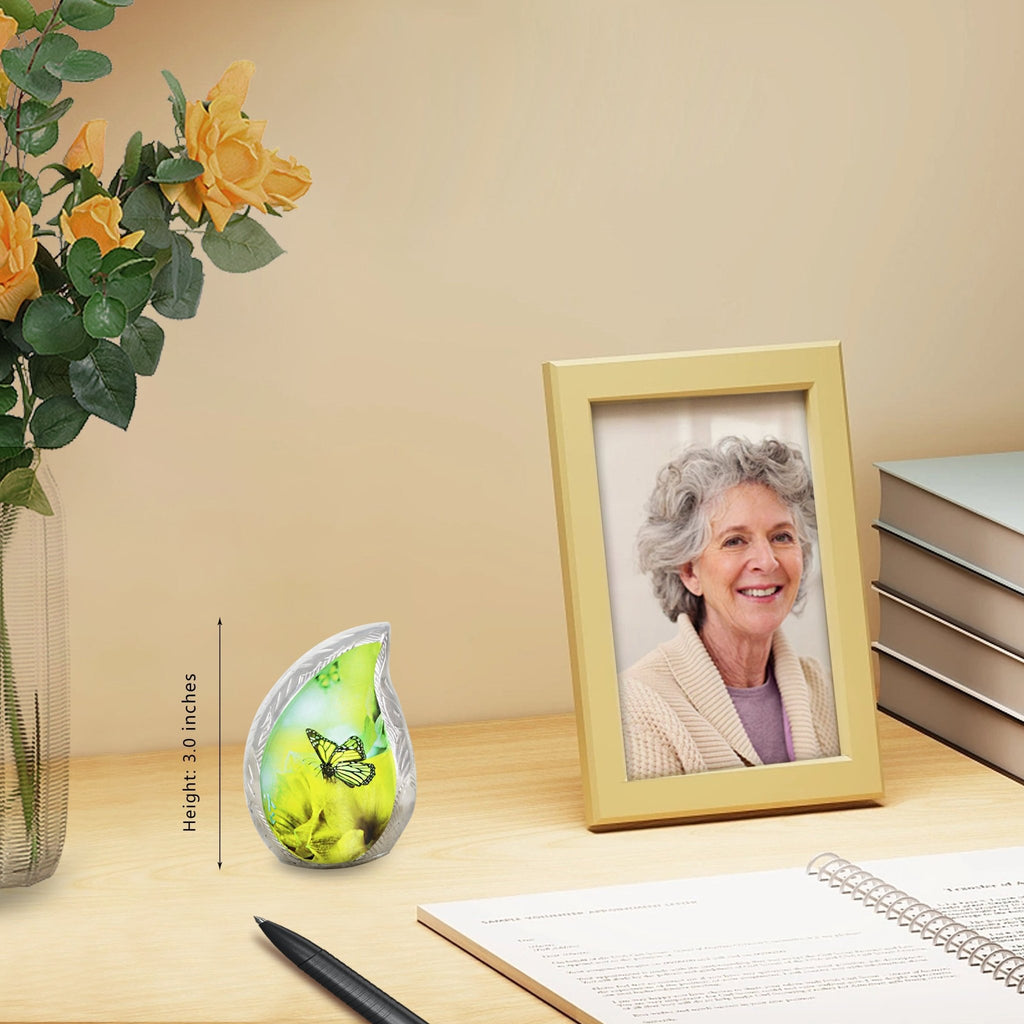 M MEILINXU Butterfly & Flower Urn, Cremation Urns for Human Ashes - Display at Home or Niche, Engraved Aluminum Tear Drop Urn for Ashes Adult Female & Male
