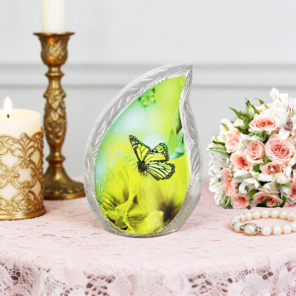 M MEILINXU Butterfly & Flower Urn, Cremation Urns for Human Ashes - Display at Home or Niche, Engraved Aluminum Tear Drop Urn for Ashes Adult Female & Male