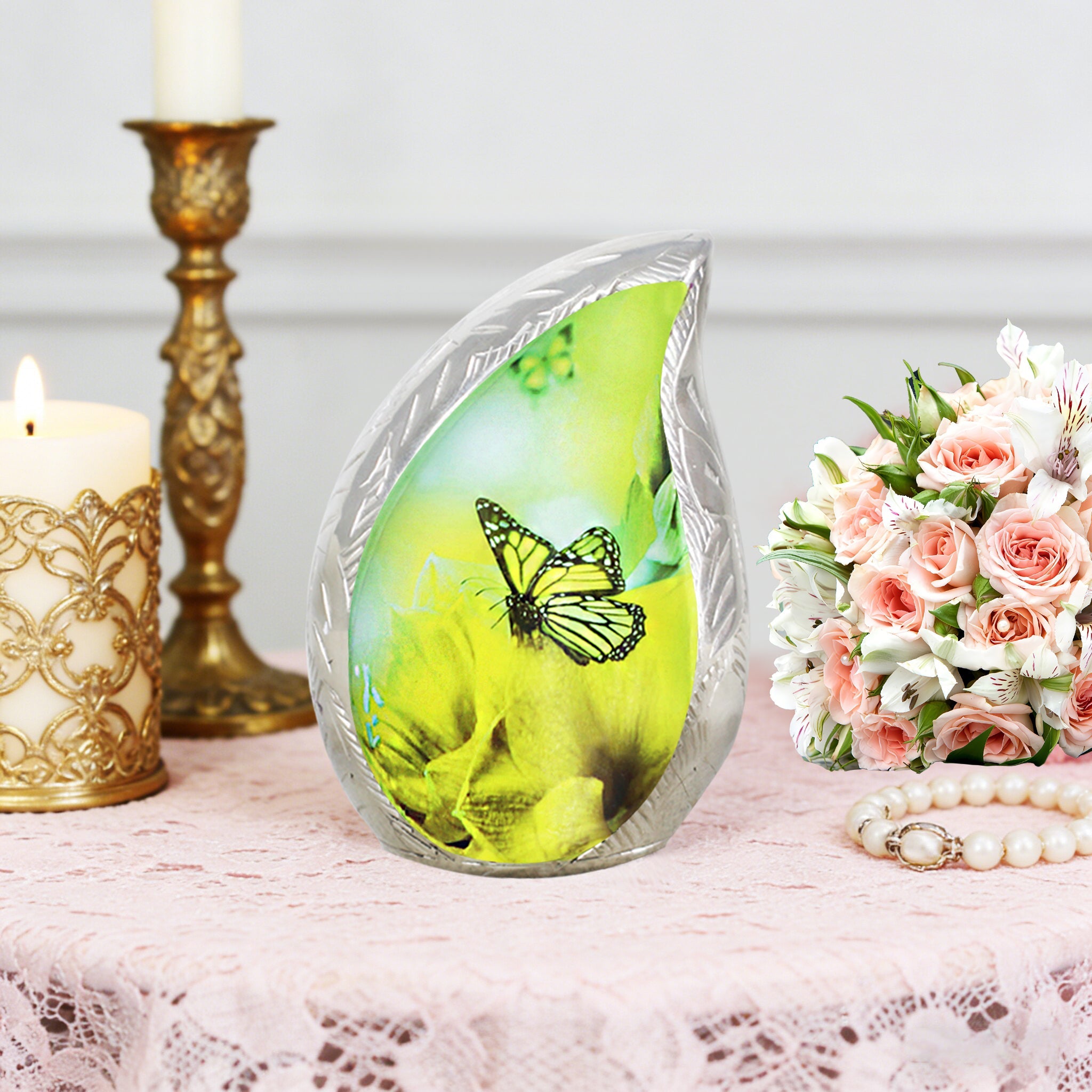 M MEILINXU Butterfly & Flower Urn, Cremation Urns for Human Ashes - Display at Home or Niche, Engraved Aluminum Tear Drop Urn for Ashes Adult Female & Male