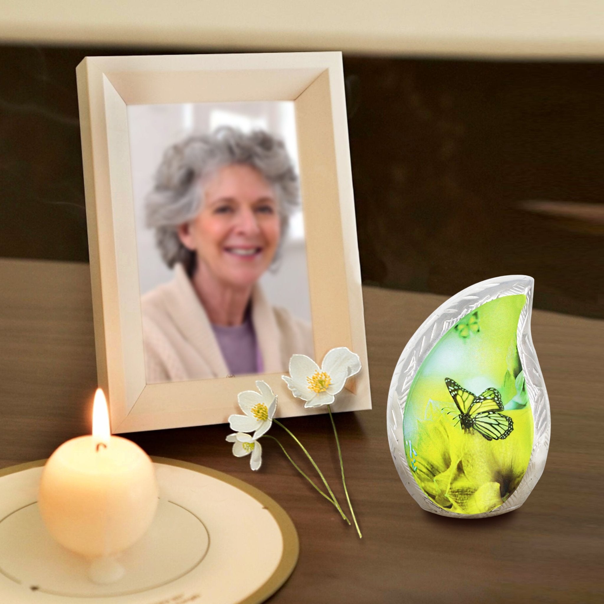 M MEILINXU Butterfly & Flower Urn, Cremation Urns for Human Ashes - Display at Home or Niche, Engraved Aluminum Tear Drop Urn for Ashes Adult Female & Male