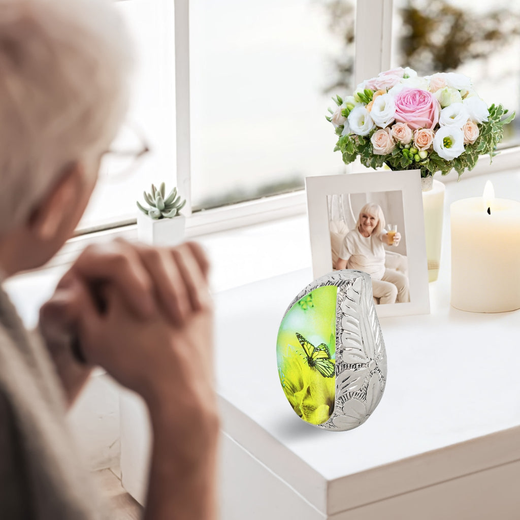 M MEILINXU Butterfly & Flower Urn, Cremation Urns for Human Ashes - Display at Home or Niche, Engraved Aluminum Tear Drop Urn for Ashes Adult Female & Male