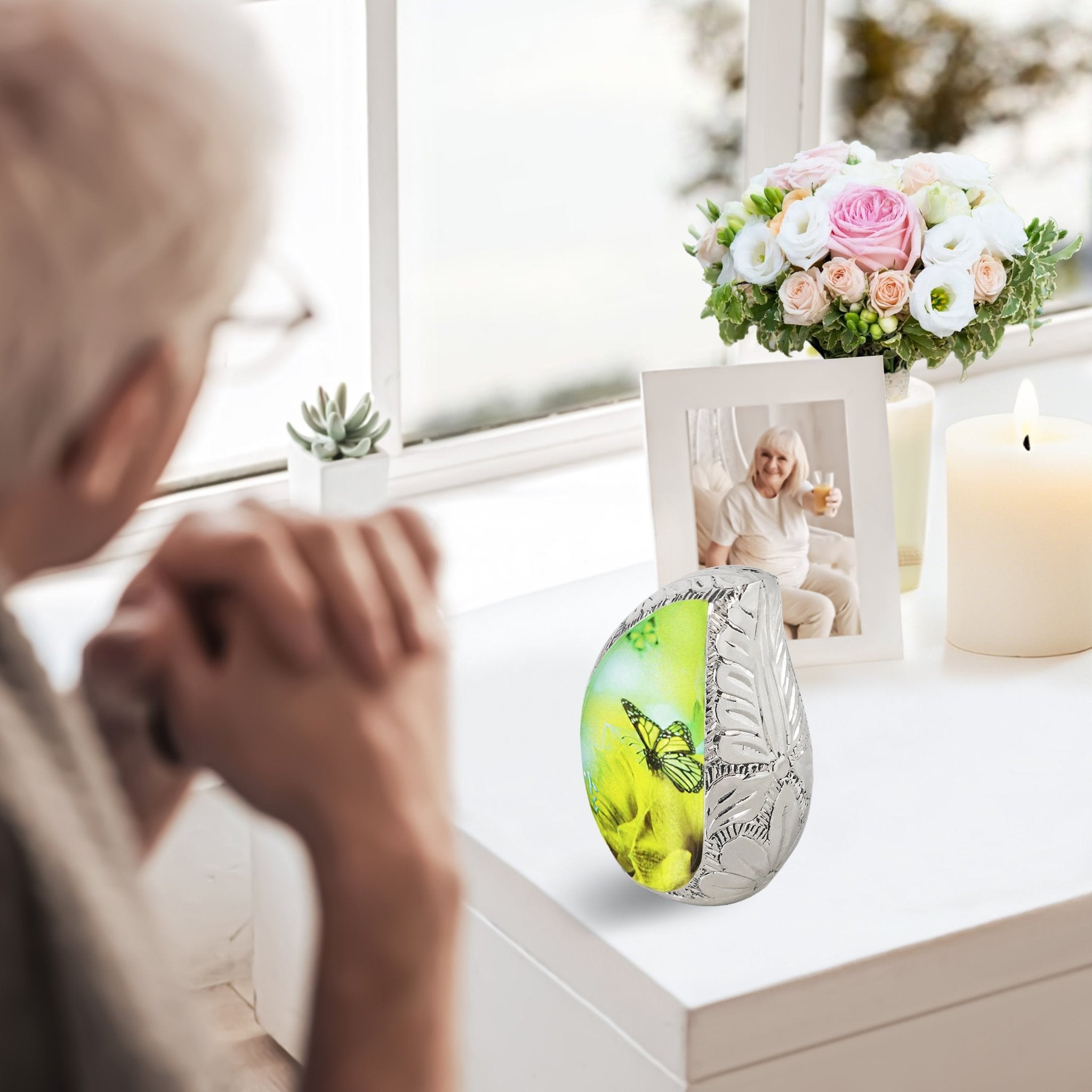 M MEILINXU Butterfly & Flower Urn, Cremation Urns for Human Ashes - Display at Home or Niche, Engraved Aluminum Tear Drop Urn for Ashes Adult Female & Male