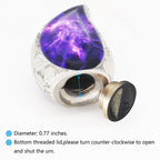 Open base shot of purple galaxy brass miniature ash urn showing threaded screw lid and measurement specifications