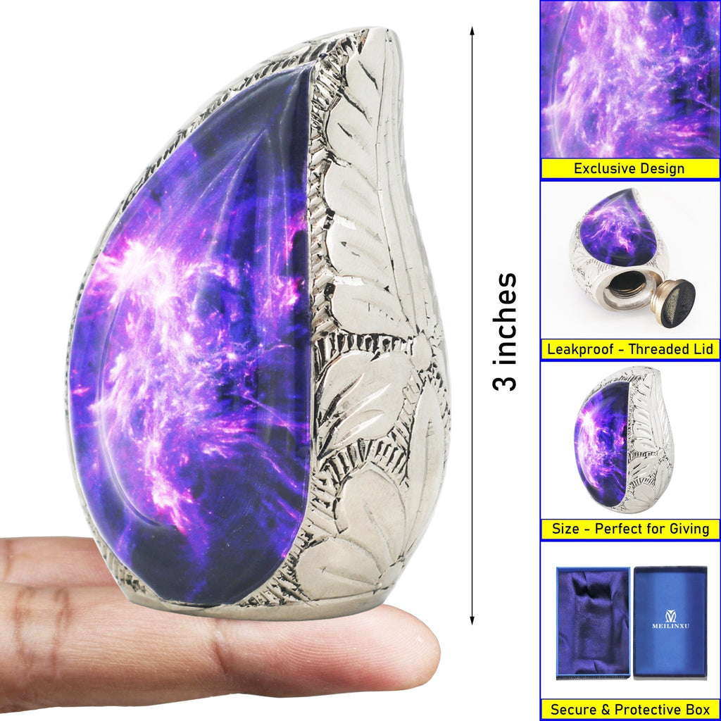 3-inch palm held purple nebula engraved brass teardrop mini cremation urn with accessory and gift box reference panels