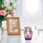 Cremation urns and purple lavender butterfly pattern, tiny memorial urn and screw lid, displayed with photo frame and candles