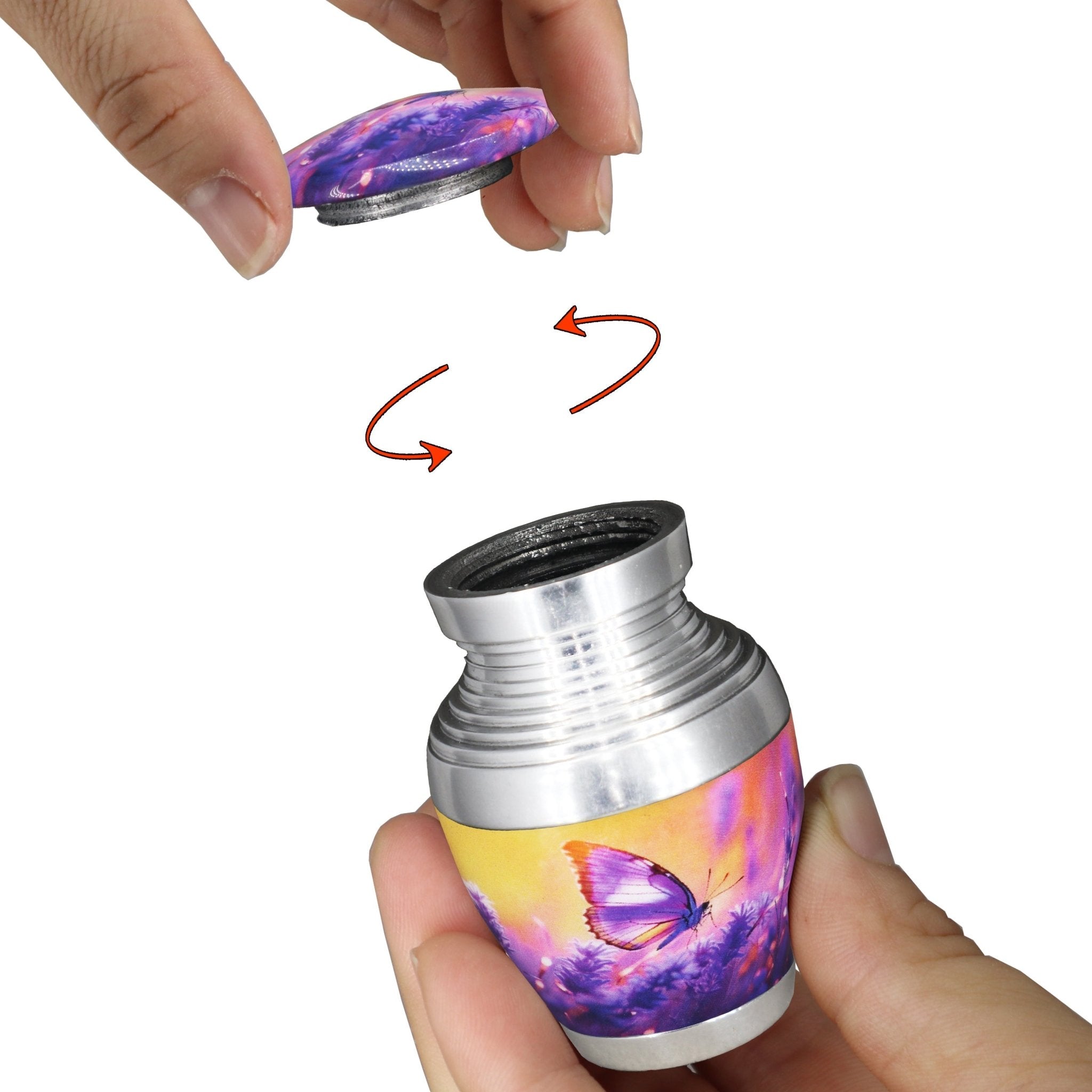 Urns for cremated remains with purple lavender butterfly print, mini sealable ash urn with threaded screw lid, easy to open