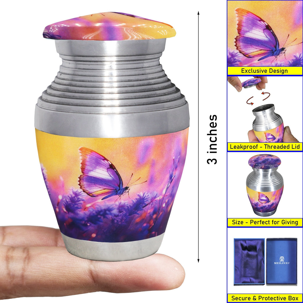 Miniature keepsake urns with purple lavender butterfly artwork, tiny screw top memorial urn, hand held size display for ash storage