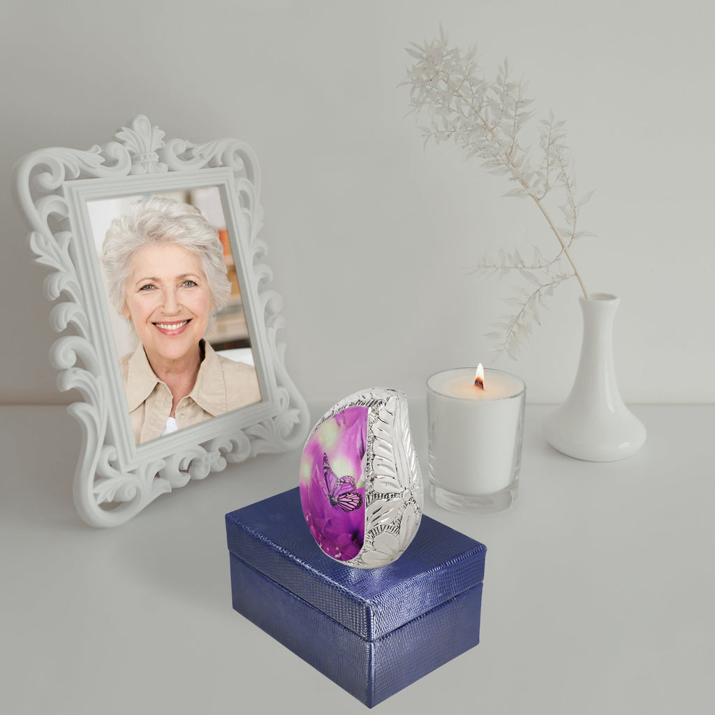 M MEILINXU Butterfly & Flower Urn, Cremation Urns for Human Ashes - Display at Home or Niche, Engraved Aluminum Tear Drop Urn for Ashes Adult Female & Male