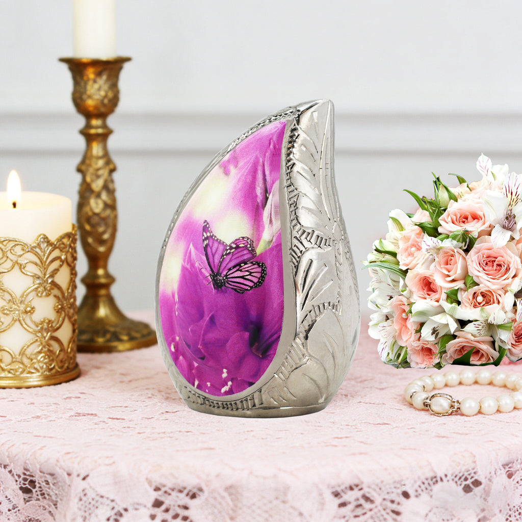 M MEILINXU Butterfly & Flower Urn, Cremation Urns for Human Ashes - Display at Home or Niche, Engraved Aluminum Tear Drop Urn for Ashes Adult Female & Male