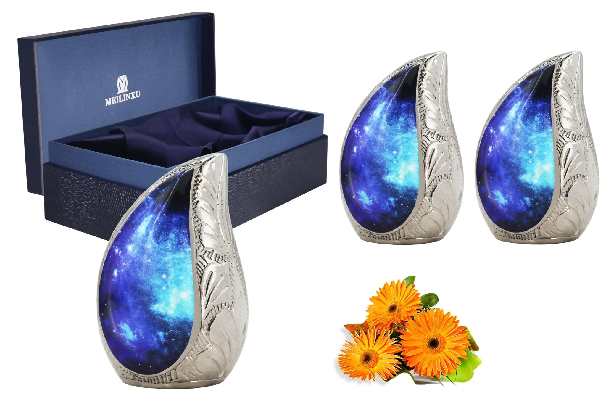 Product bundle flat view, set of 3 blue starry brass teardrop keepsake urns packaged in premium dark gift box