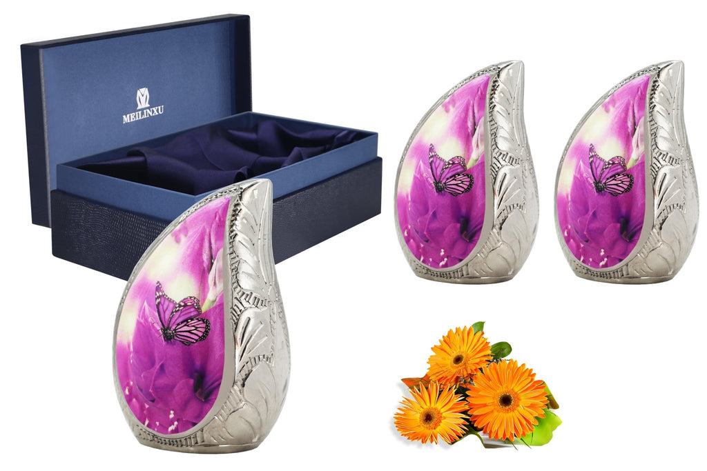 M MEILINXU Butterfly & Flower Urn, Cremation Urns for Human Ashes - Display at Home or Niche, Engraved Aluminum Tear Drop Urn for Ashes Adult Female & Male