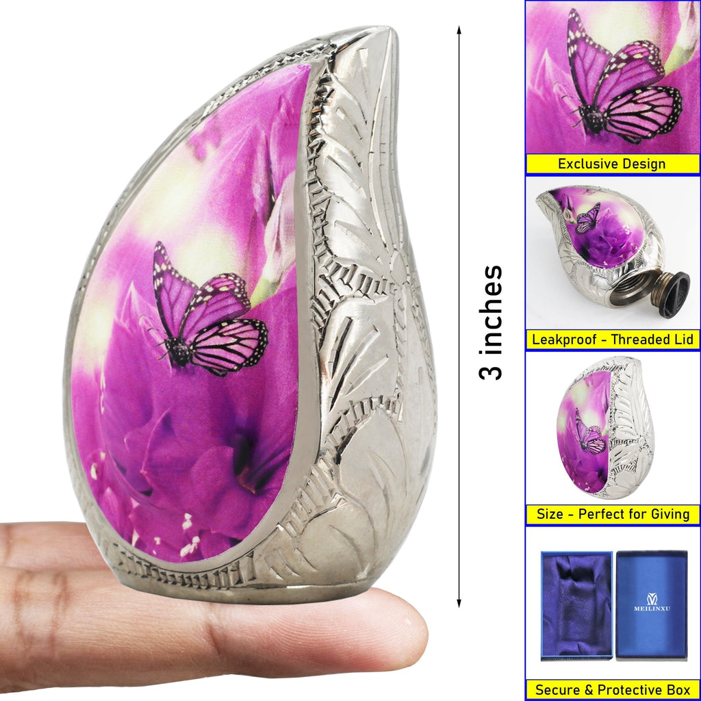 M MEILINXU Butterfly & Flower Urn, Cremation Urns for Human Ashes - Display at Home or Niche, Engraved Aluminum Tear Drop Urn for Ashes Adult Female & Male
