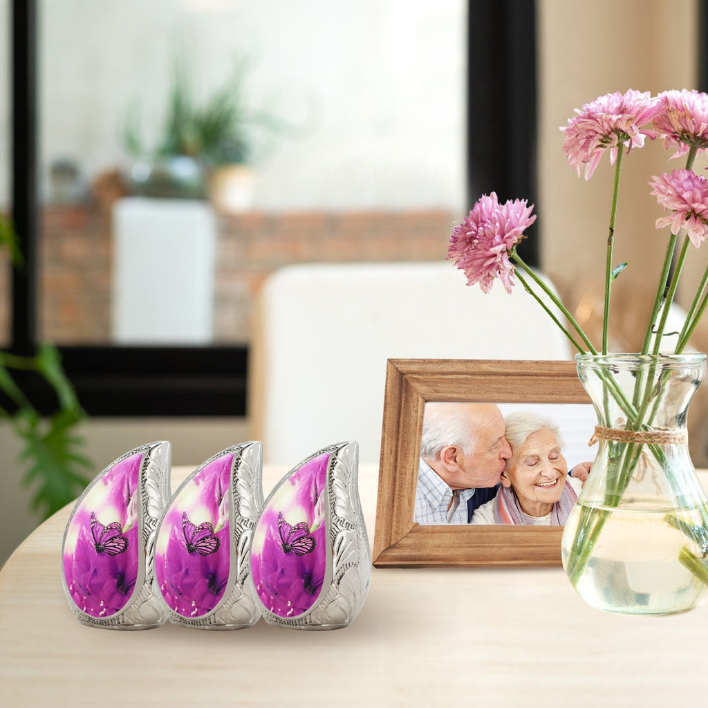 M MEILINXU Butterfly & Flower Urn, Cremation Urns for Human Ashes - Display at Home or Niche, Engraved Aluminum Tear Drop Urn for Ashes Adult Female & Male