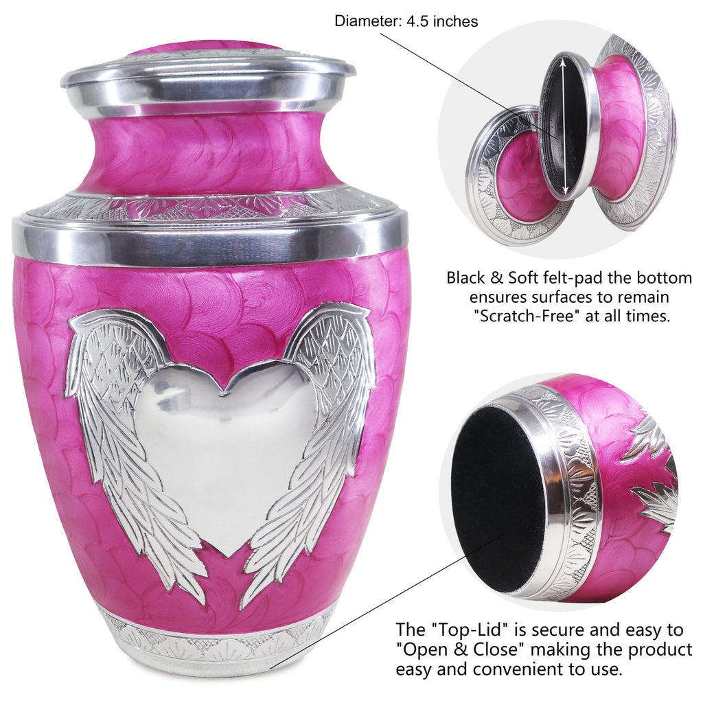 Close-up view of ashes in an urn for grandma, pink laser-etched angel & heart aluminum piece with airtight seal