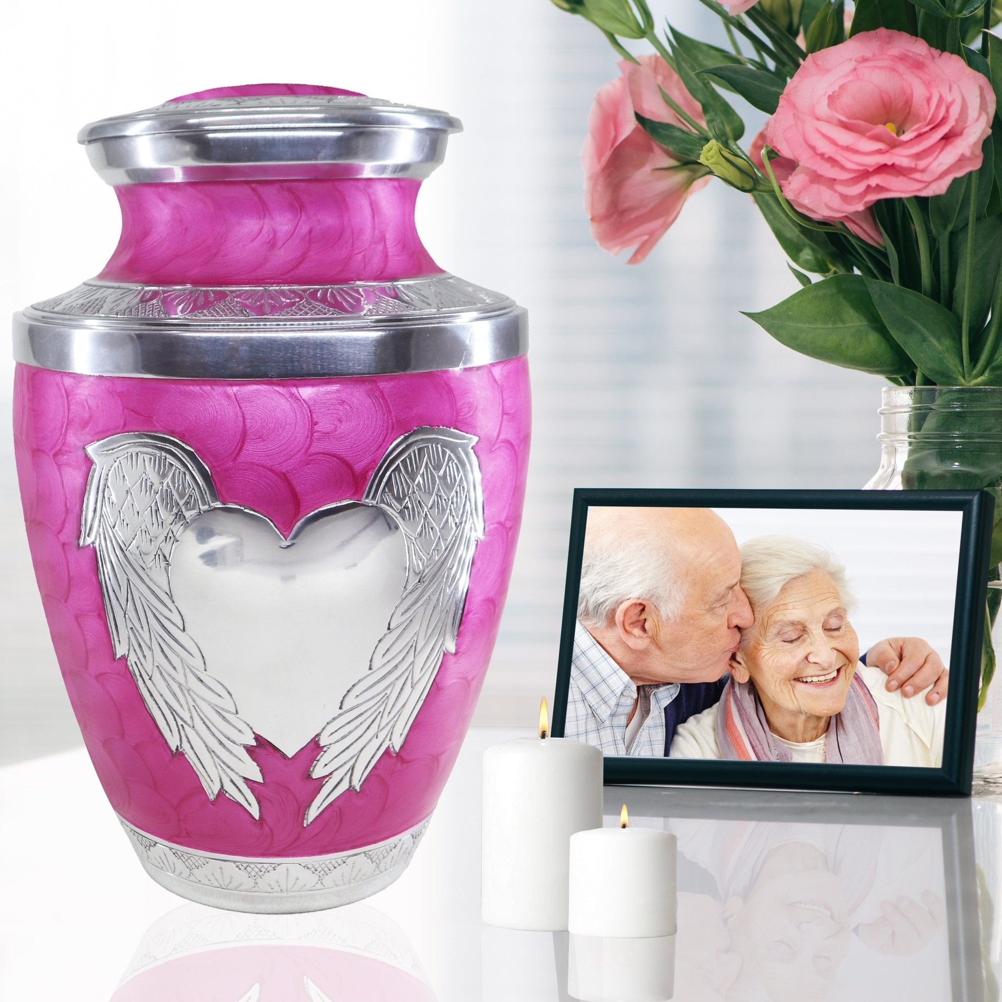 Graceful pink ornate angel & heart funeral urn honoring grandmother, decorative metal home keepsake display