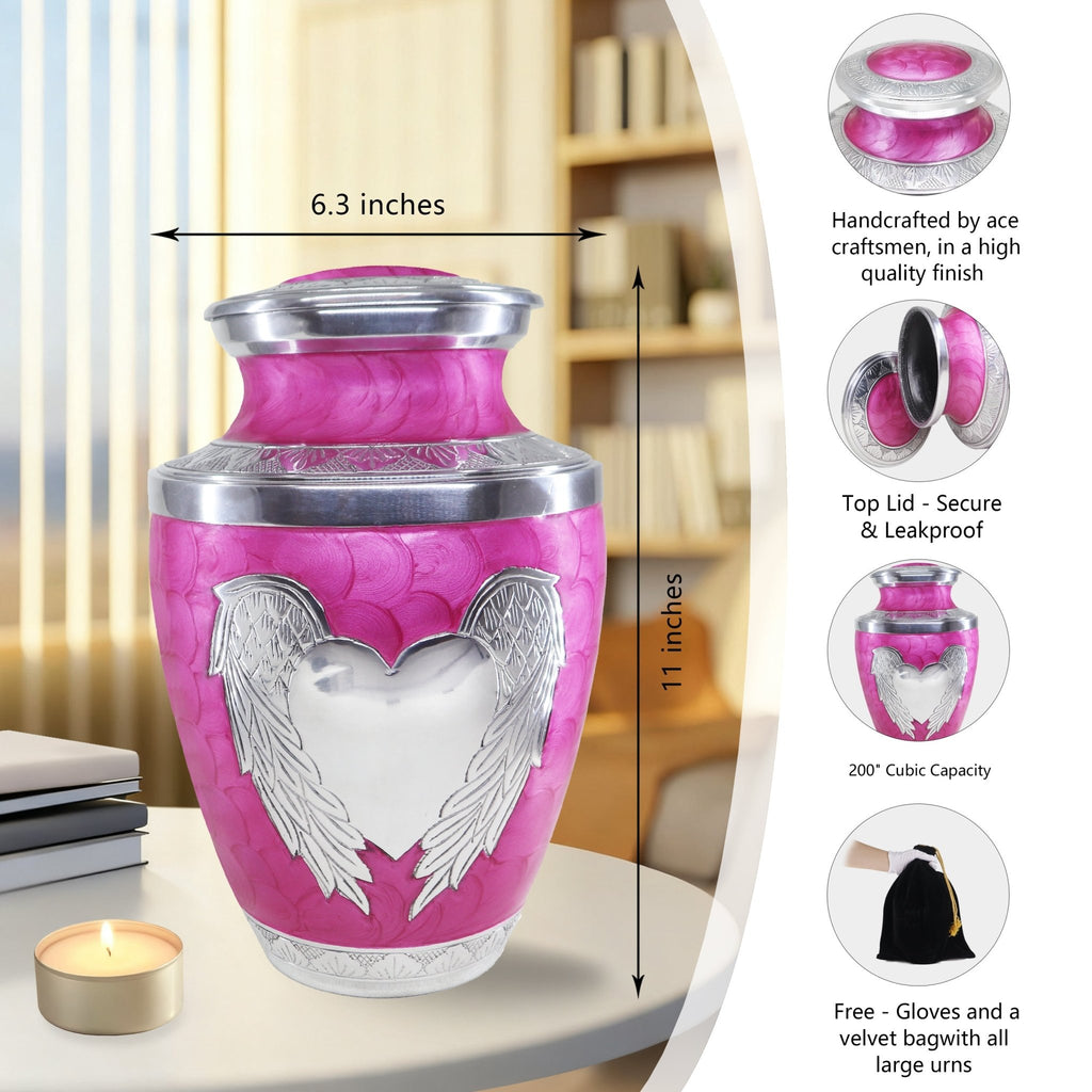 Pink hand-crafted heart & angel urns for cremation ashes for mom, with measurement chart and accessory kit