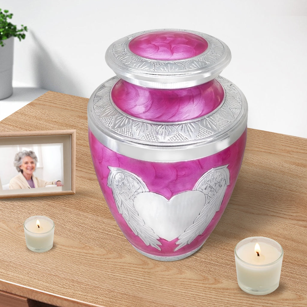 Charming pink filigree angel & heart urns for cremated remains for best friend, tabletop memorial decor