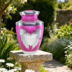 Peaceful pink heart & angel cremation urns for human ashes honoring loving family, outdoor garden decor