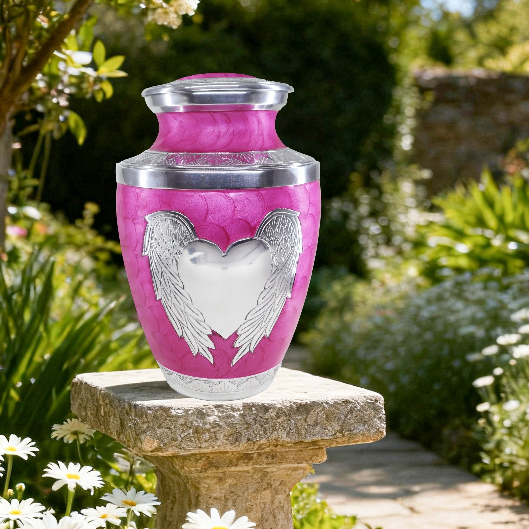 Peaceful pink heart & angel cremation urns for human ashes honoring loving family, outdoor garden decor