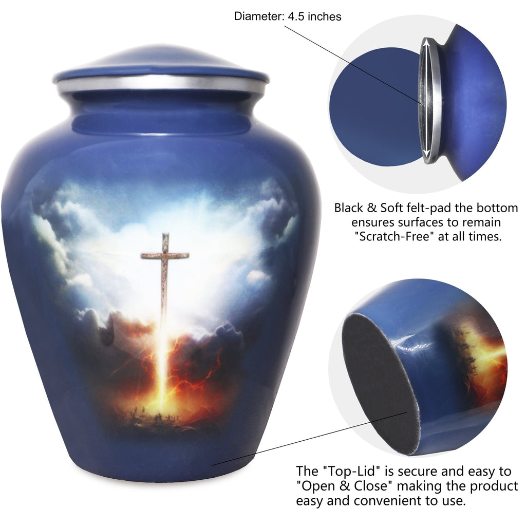 Aluminum urn for cremated remains with grey blue cross artwork and secure threaded top lid shown in close-up