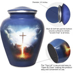 Aluminum urn for cremated remains with grey blue cross artwork and secure threaded top lid shown in close-up