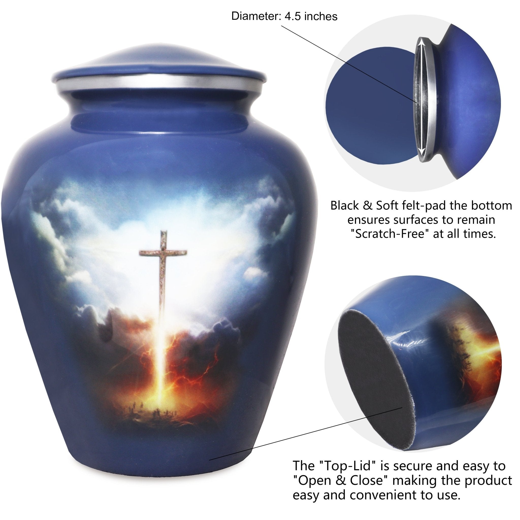 Aluminum urn for cremated remains with grey blue cross artwork and secure threaded top lid shown in close-up