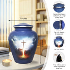 Full-size grey blue urn for human ashes with Cross of Life artwork, 200 cu in capacity, threaded top lid and size guide